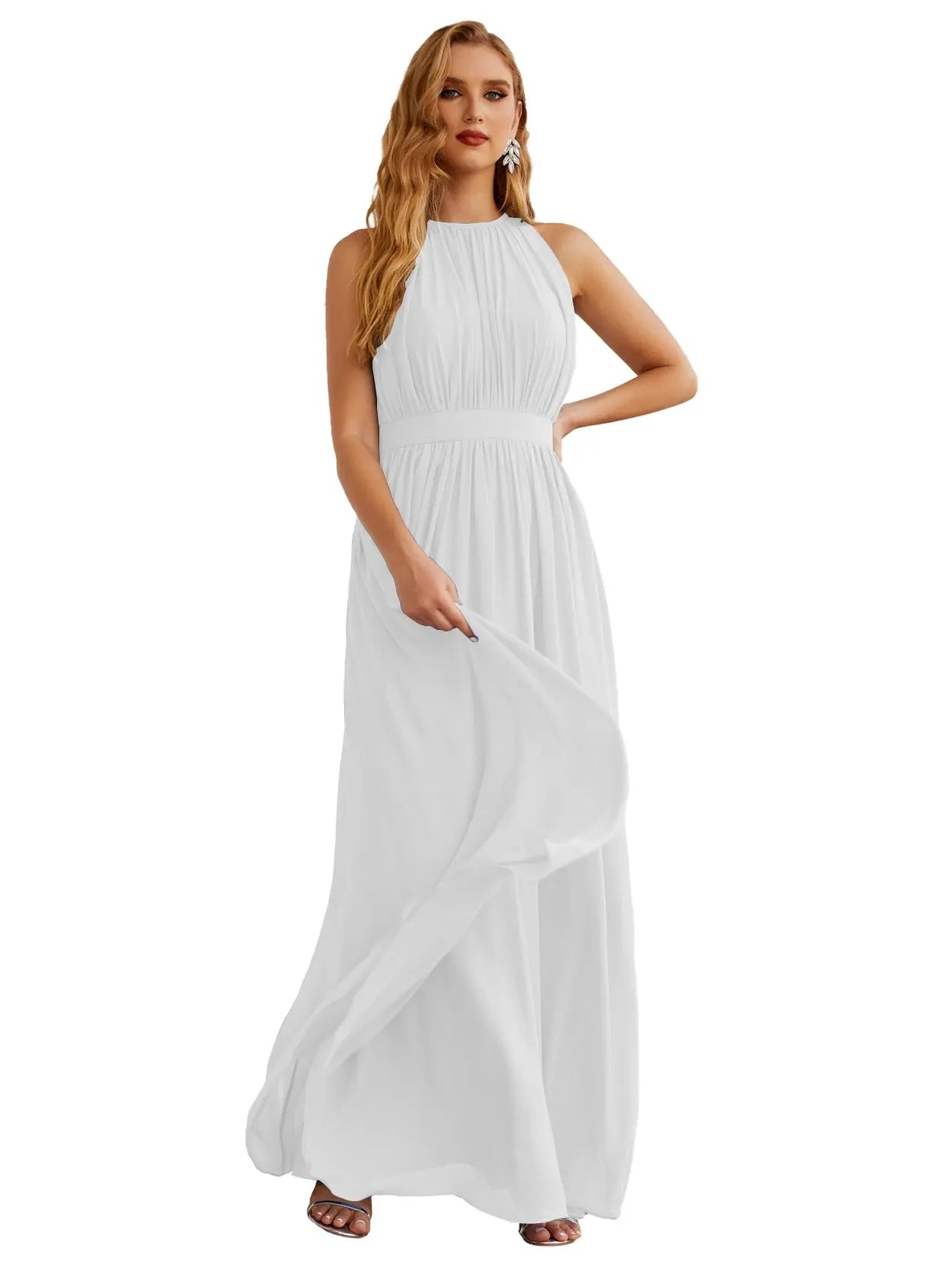 Elegant Dusty Blue High Neck Chiffon A-Line Bridesmaid Dress BS017 Sheer Fairy