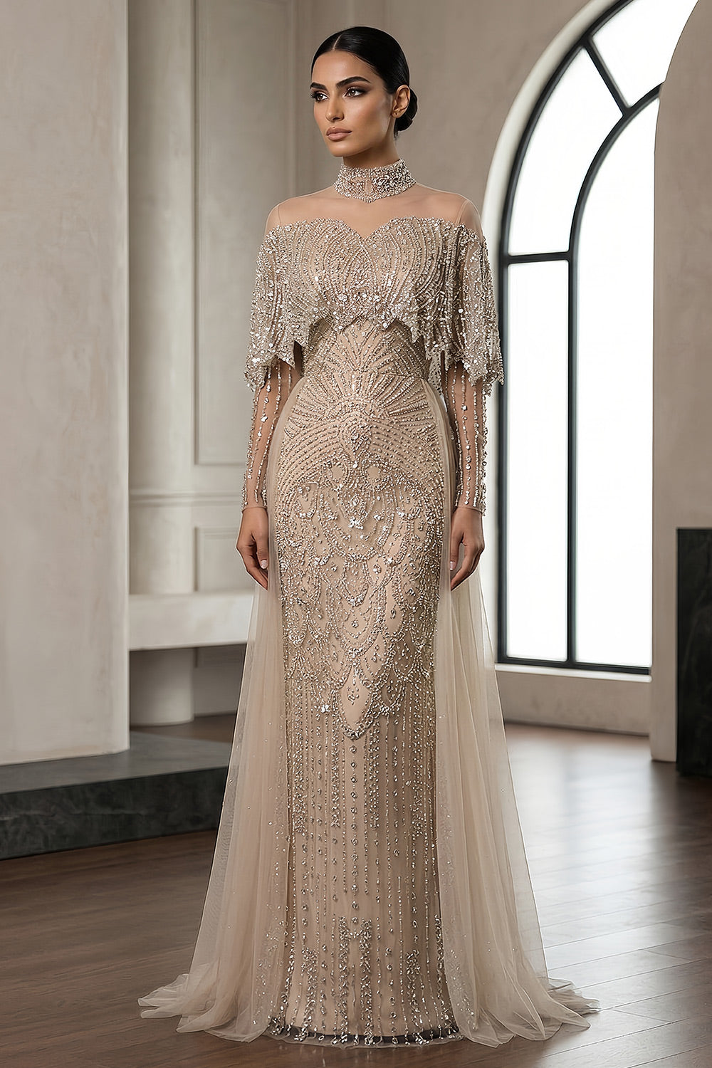 Luxury Champagne Beaded High Neck Cape Sleeve Mermaid Evening Gown SS557 Sheer Fairy