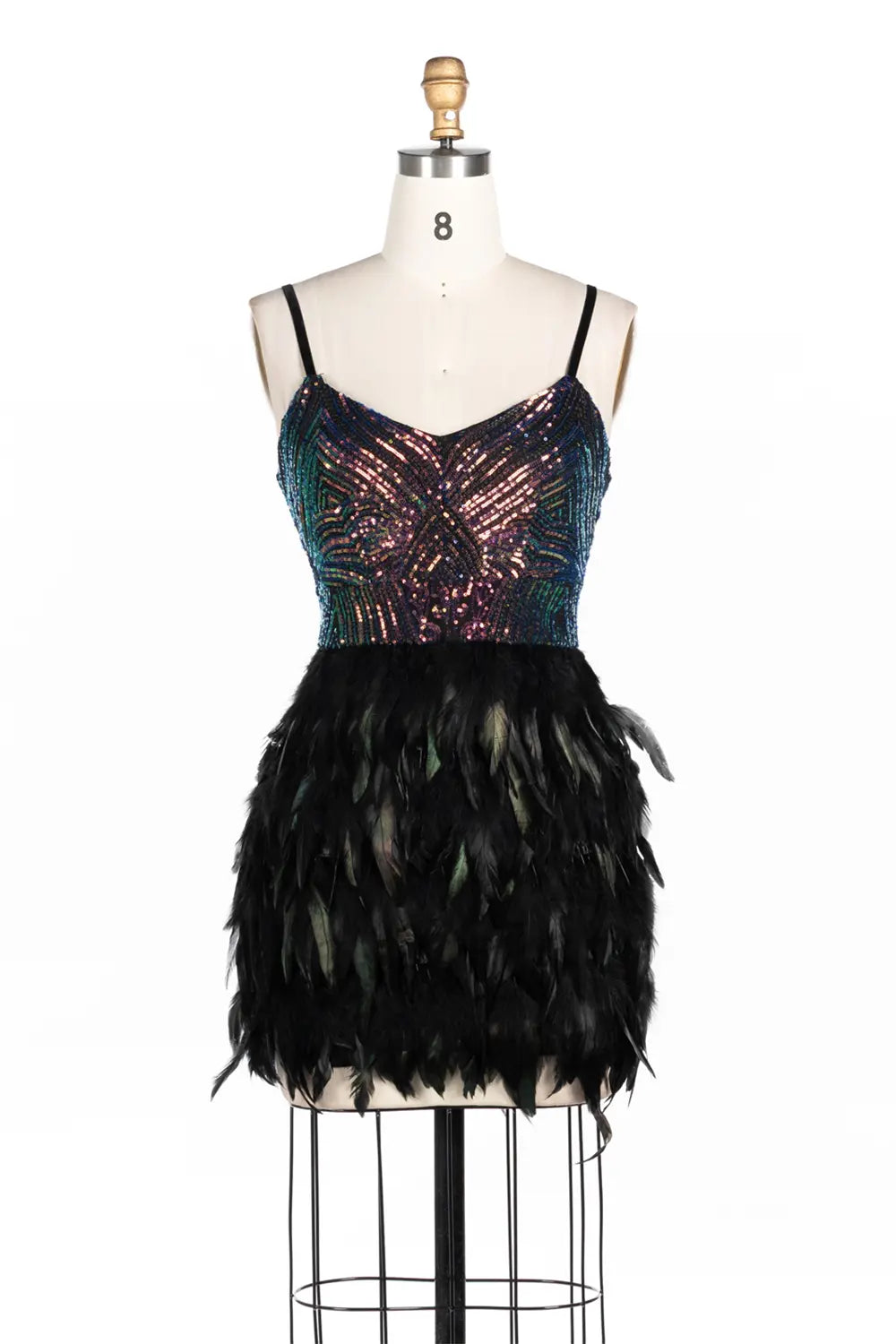 Black Iridescent Sequin Bodice Feather Spaghetti Strap Mini Dress ST062 Sheer Fairy