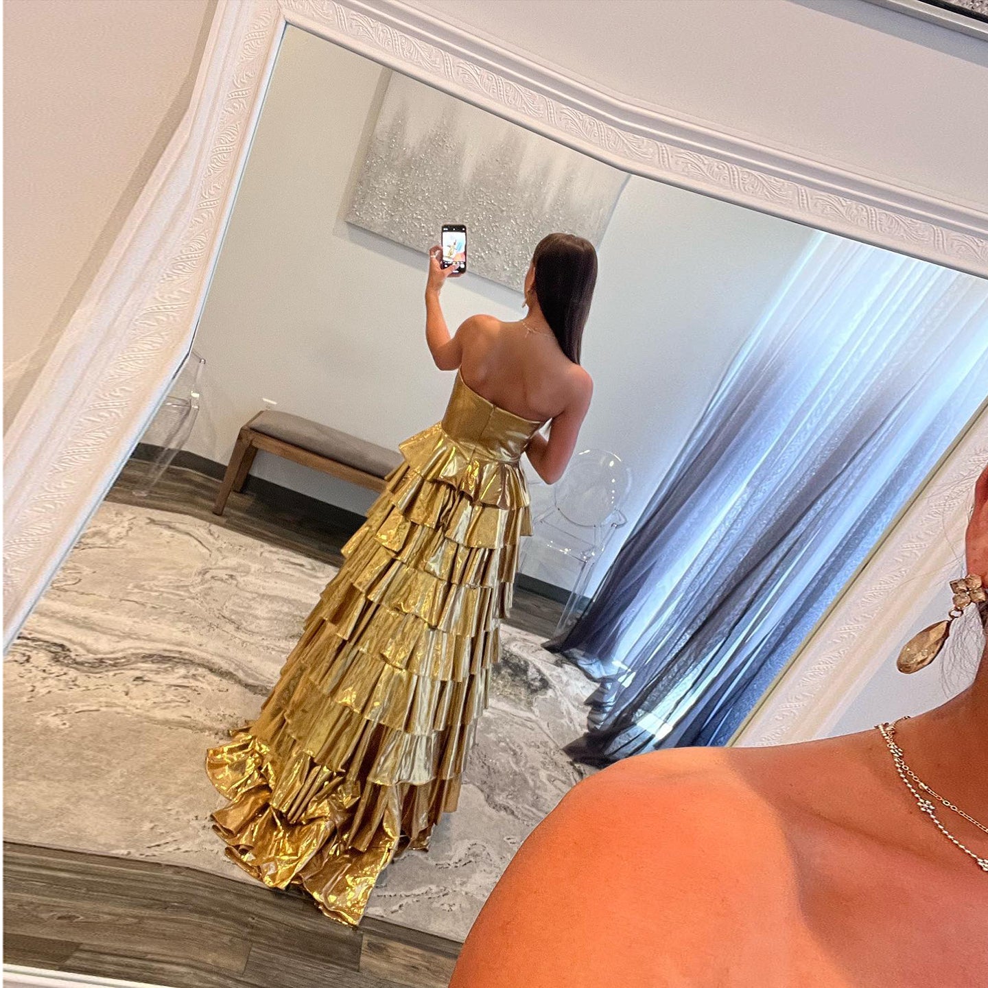 Gold Metallic Strapless Ruffled A-Line Prom Dress SH159