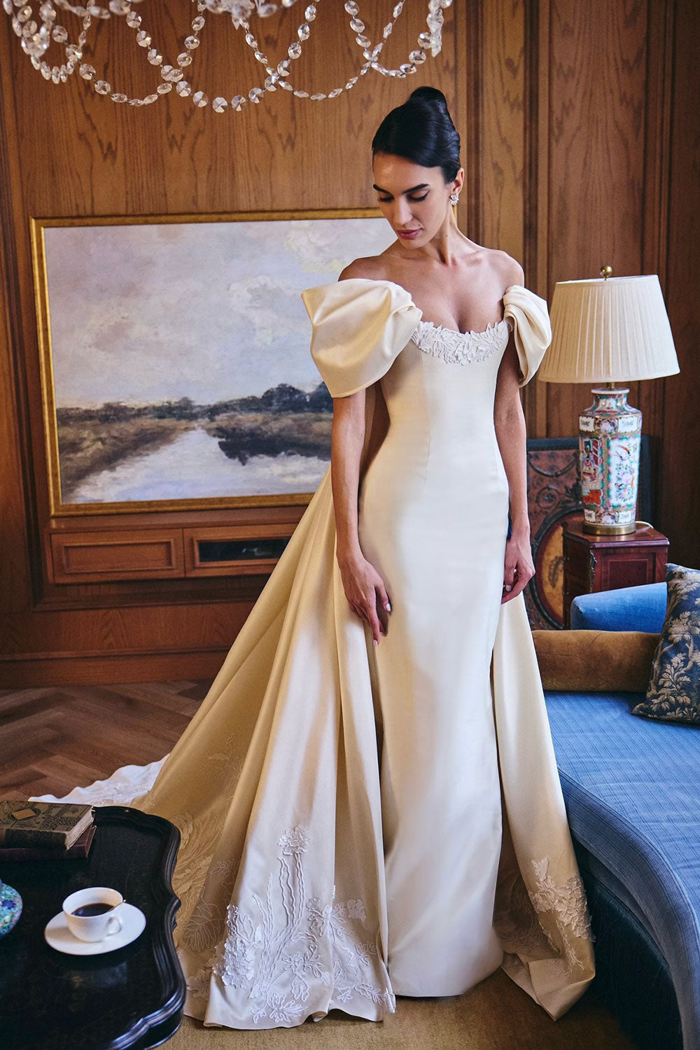 Off-the-Shoulder Satin Mermaid Wedding Dress with Detachable Overskirt SW230 Sheer Fairy