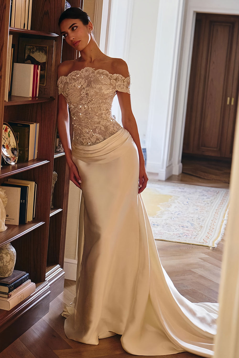 Off-the-Shoulder Lace & Satin Mermaid Wedding Dress with Train & Veil SW231 Sheer Fairy