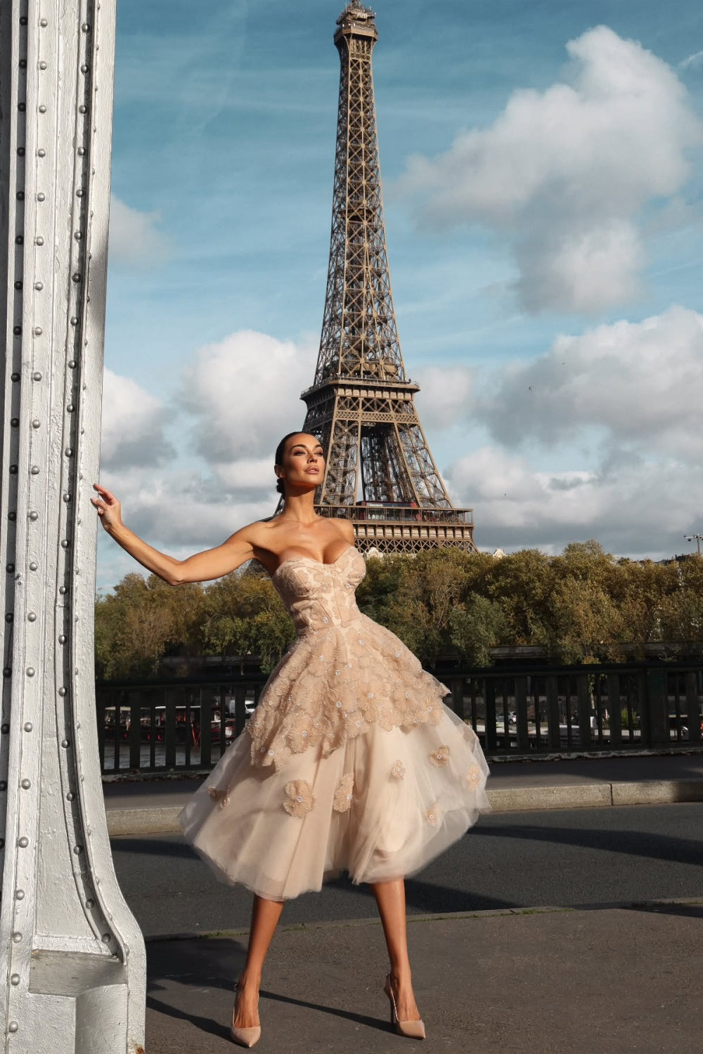 Glamorous Champagne Multi-Layer Tulle Floral Beaded Strapless Midi Homecoming Dress RM231 Sheer Fairy