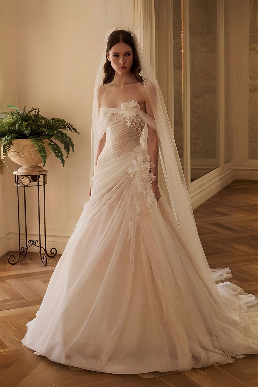 Strapless Draped Tulle A-Line Wedding Dress with 3D Florals & Veil SW232 Sheer Fairy