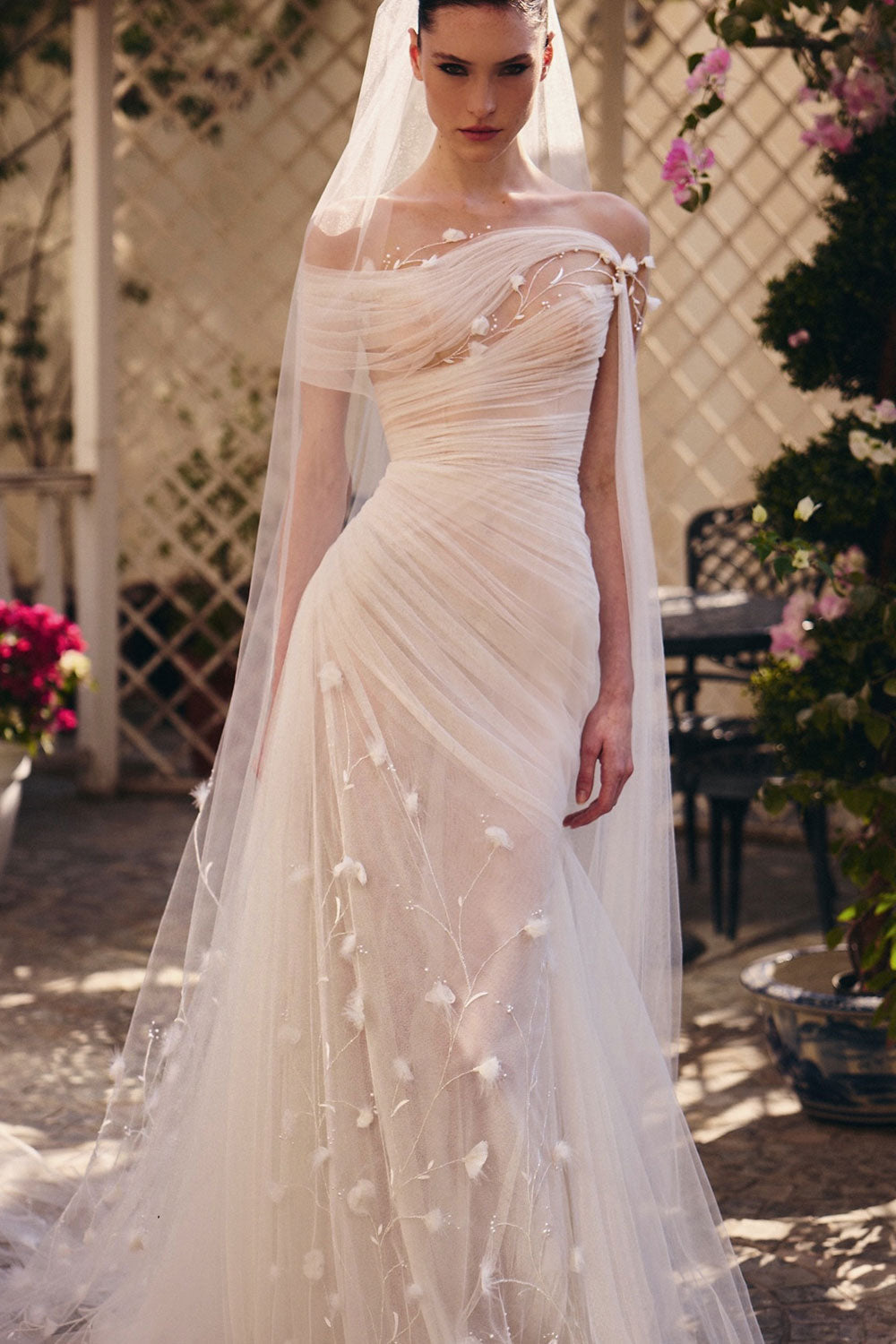 Romantic Strapless Tulle Wedding Dress with Floral Appliques and Soft Draped Design SW232 Sheer Fairy