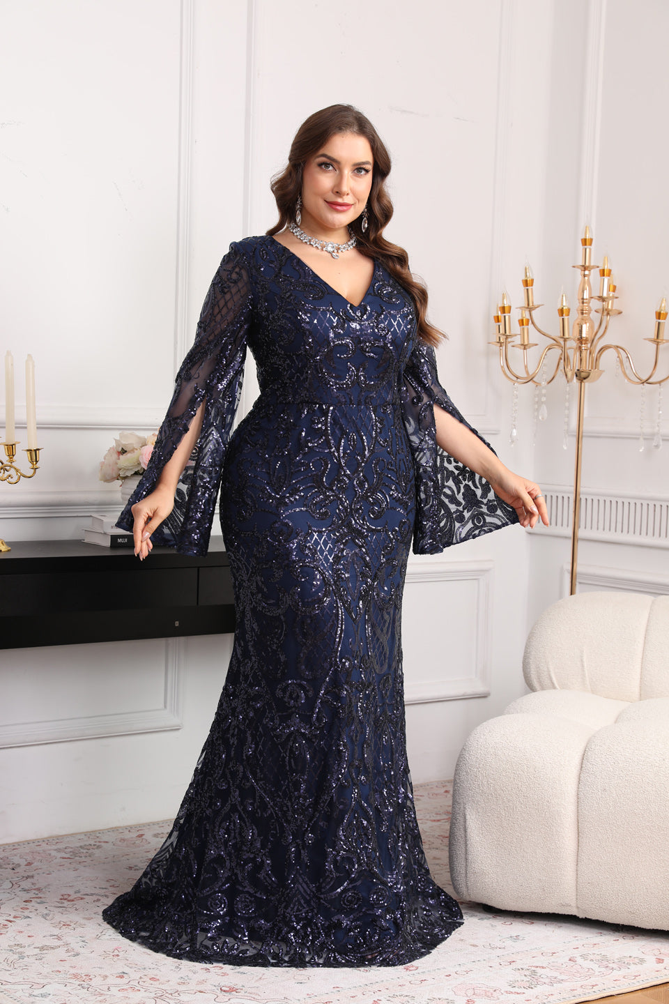 Sexy V Neck Mermaid Navy Blue Lace Mother of the Bride Dress Plus Size SF624 Sheer Fairy