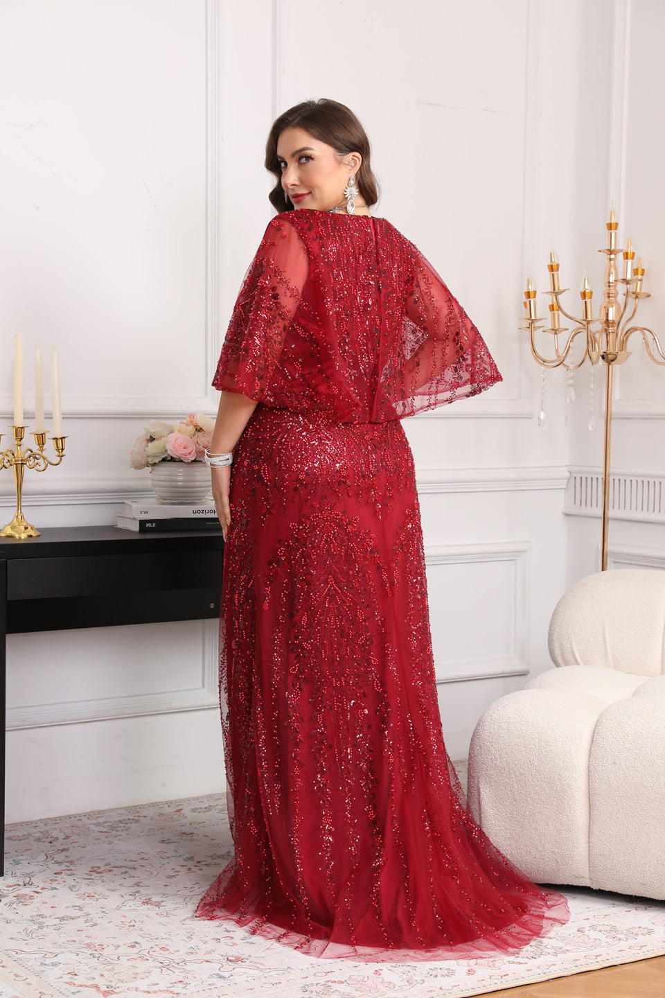 Curve-Friendly Wine Red Bell Sleeves Plus Size Evening Dress SF628