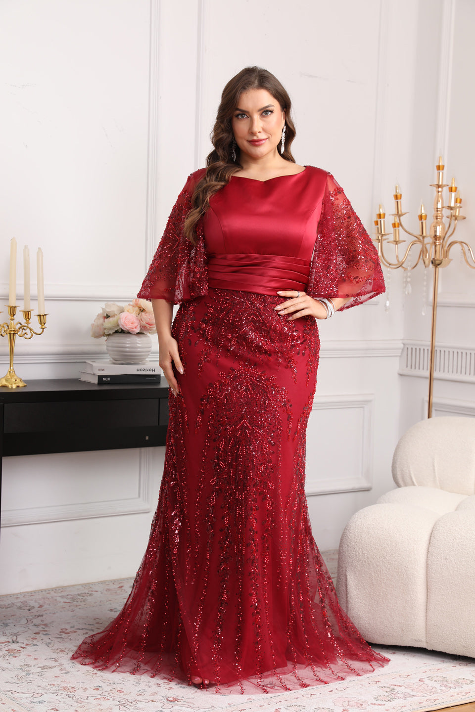 Curve-Friendly Wine Red Bell Sleeves Plus Size Evening Dress SF628
