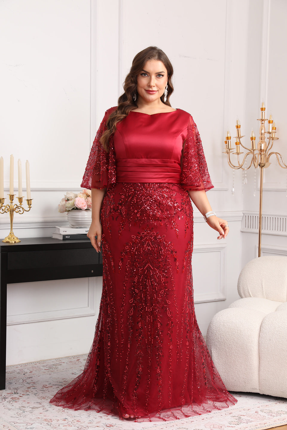 Curve-Friendly Wine Red Bell Sleeves Plus Size Evening Dress SF628