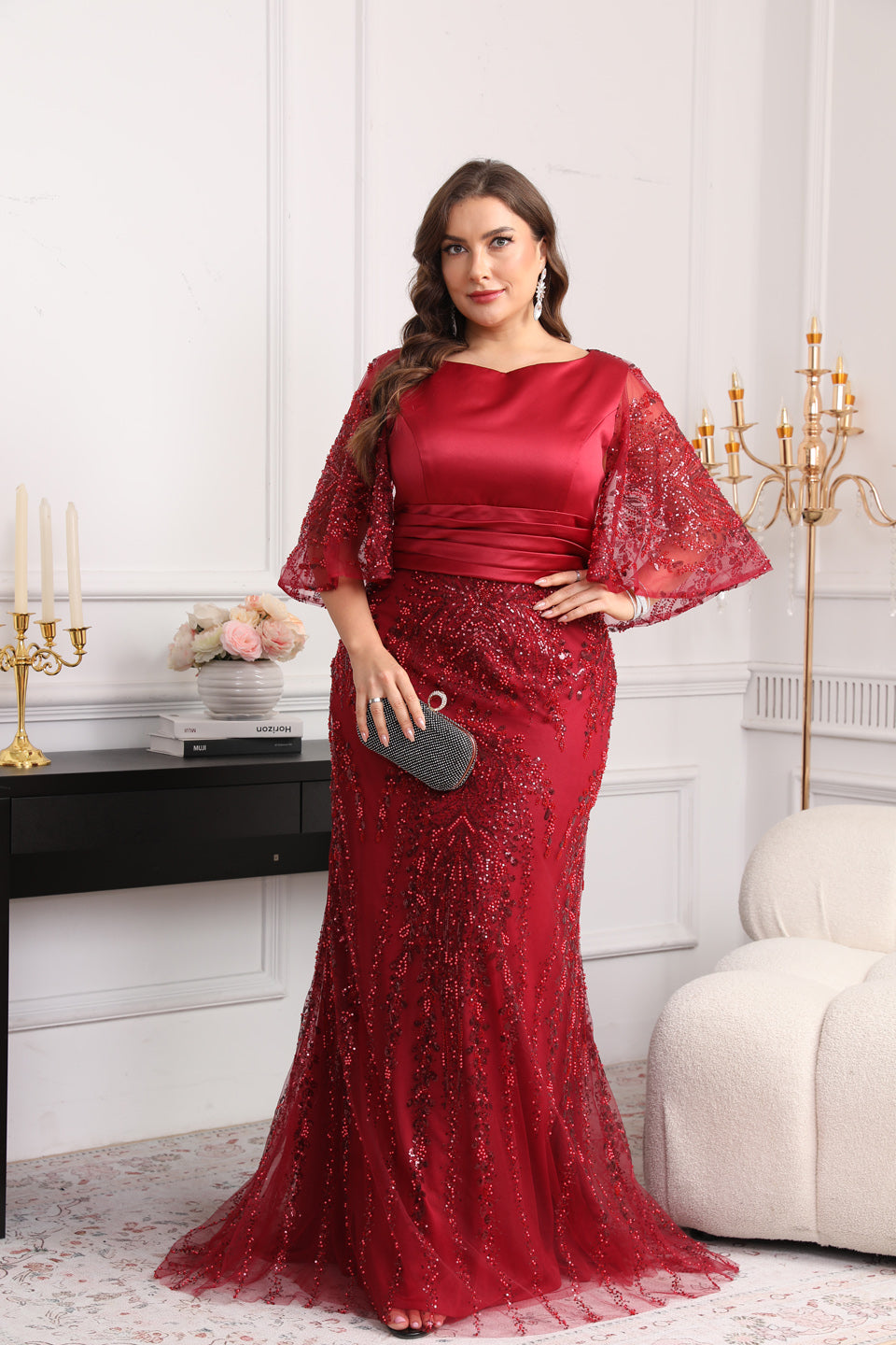 Curve-Friendly Wine Red Bell Sleeves Plus Size Evening Dress SF628