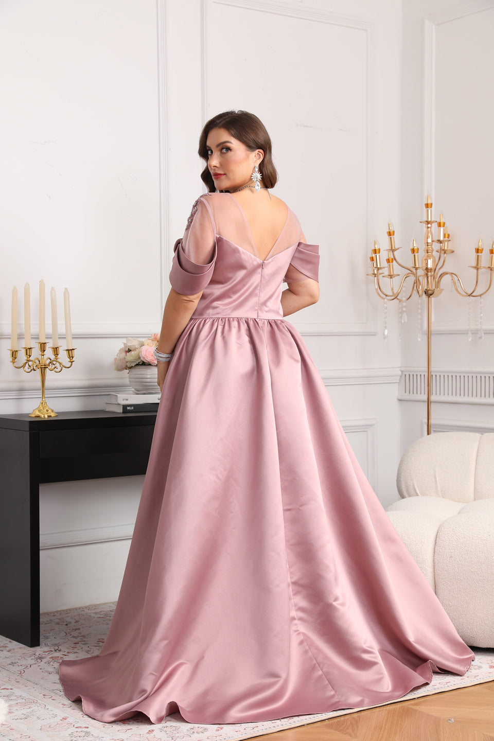 Curve-Friendly Pink Satin A-Line Plus Size Evening Dress SF627