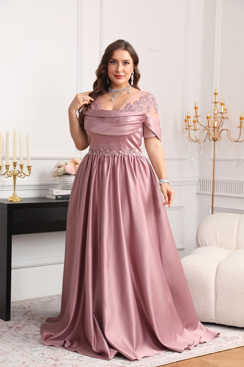Curve-Friendly Pink Satin A-Line Plus Size Evening Dress SF627