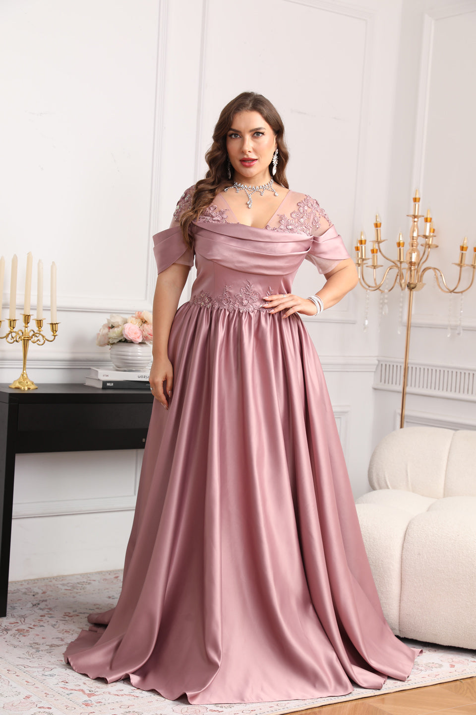 Curve-Friendly Pink Satin A-Line Plus Size Evening Dress SF627