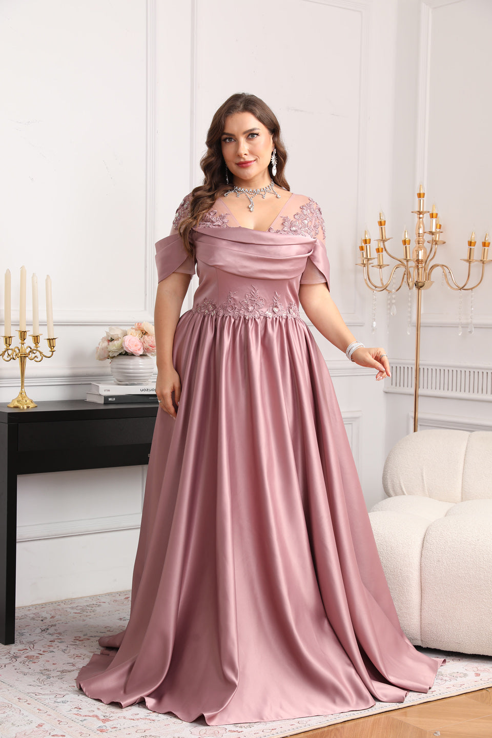 Curve-Friendly Pink Satin A-Line Plus Size Evening Dress SF627