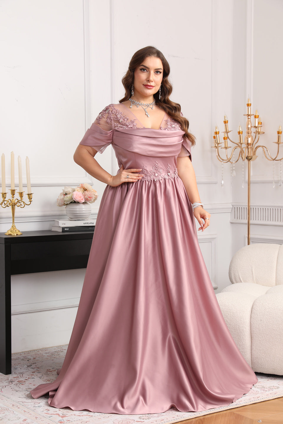 Curve-Friendly Pink Satin A-Line Plus Size Evening Dress SF627