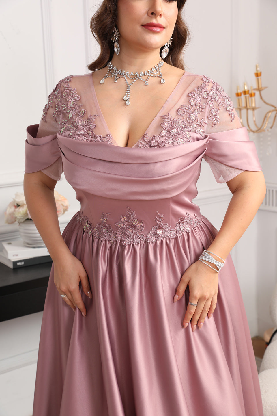 Curve-Friendly Pink Satin A-Line Plus Size Evening Dress SF627