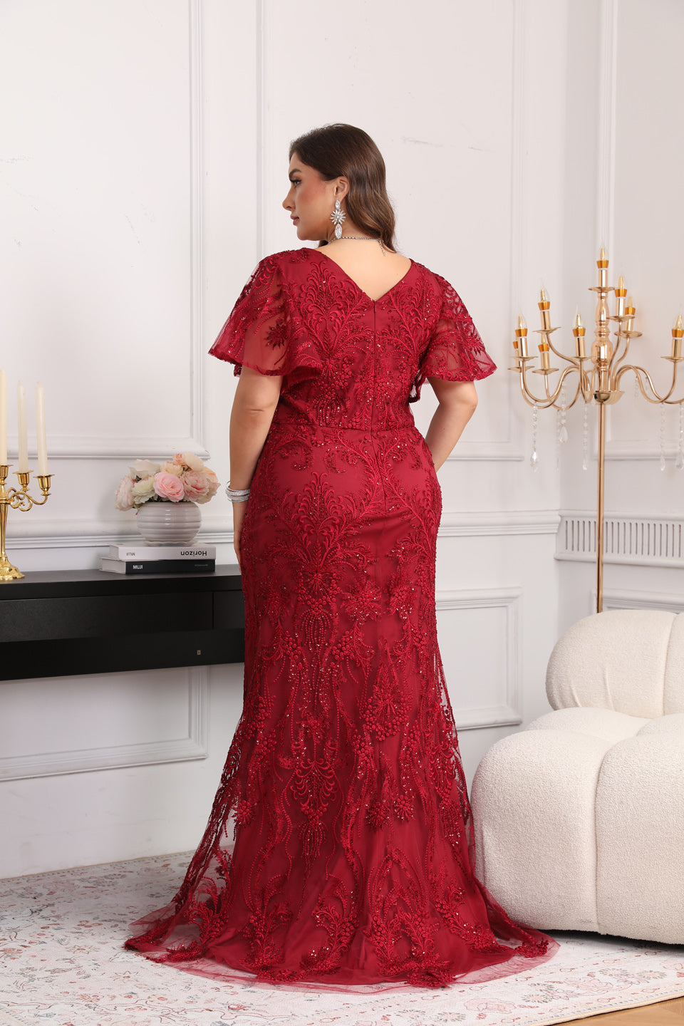 Plus Size Burgundy Mermaid Mother of the Bride Dress with Flutter Sleeves & Lace Appliques SF604 Sheer Fairy