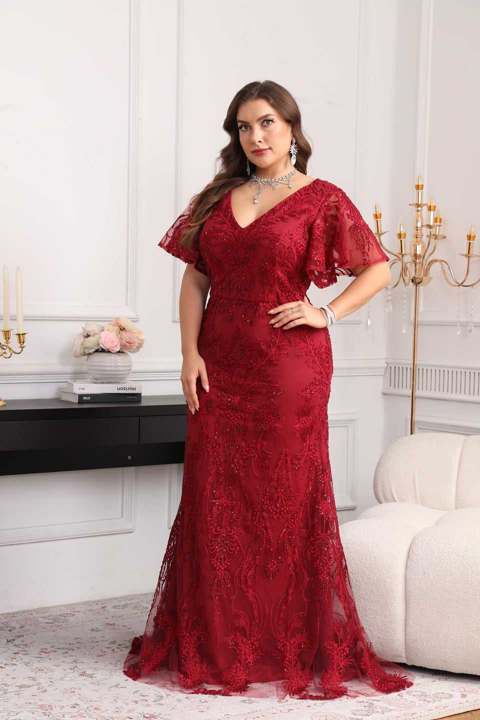 Plus Size Burgundy Mermaid Mother of the Bride Dress with Flutter Sleeves & Lace Appliques SF604 Sheer Fairy