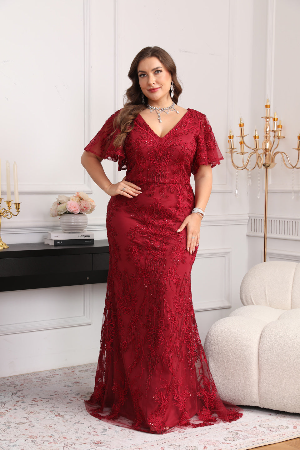 Plus Size Burgundy Mermaid Mother of the Bride Dress with Flutter Sleeves & Lace Appliques SF604 Sheer Fairy
