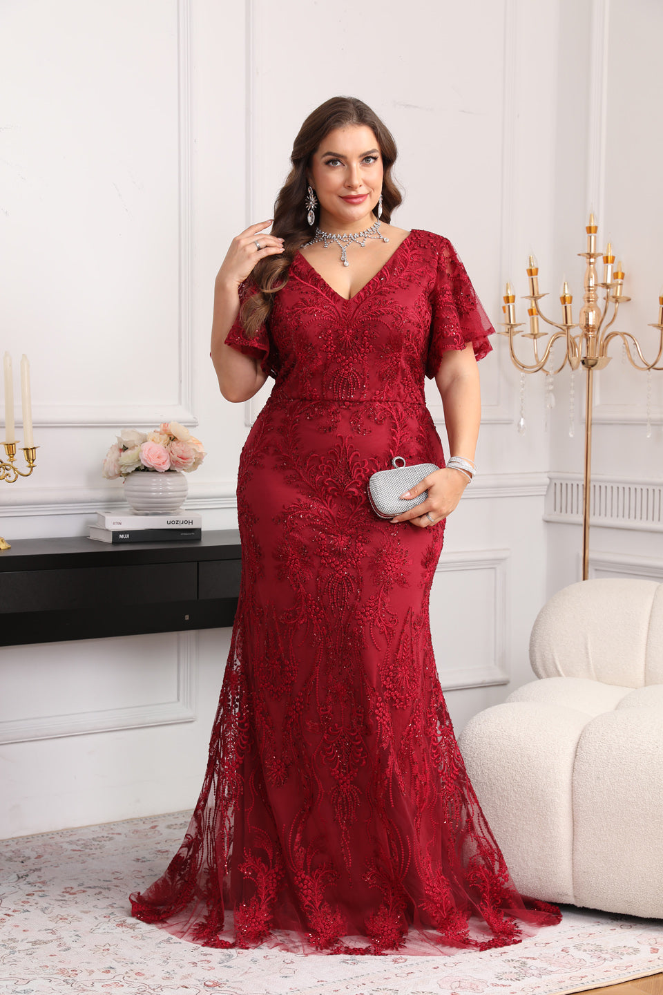 Plus Size Burgundy Mermaid Mother of the Bride Dress with Flutter Sleeves & Lace Appliques SF604 Sheer Fairy
