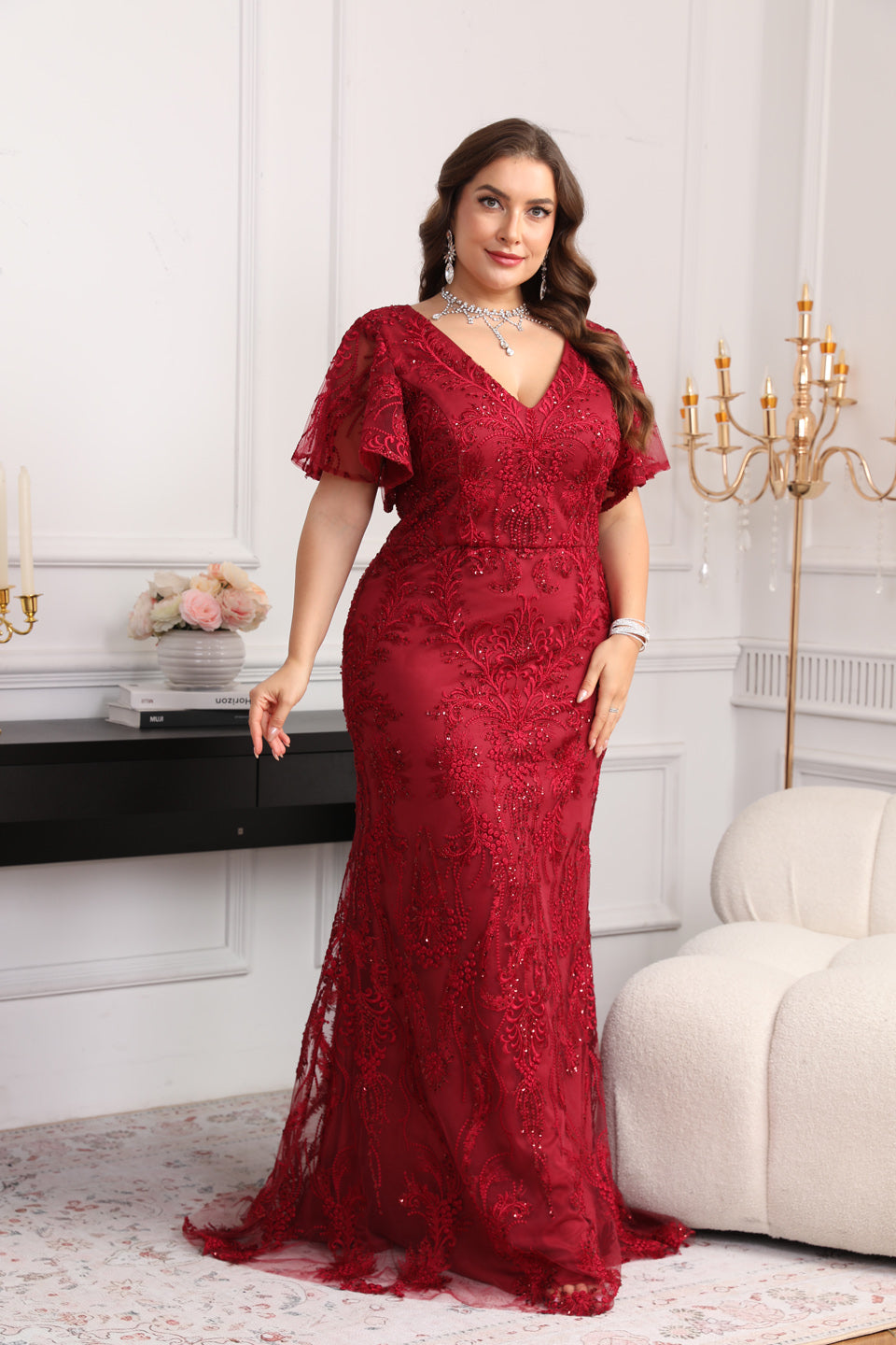 Plus Size Burgundy Mermaid Mother of the Bride Dress with Flutter Sleeves & Lace Appliques SF604 Sheer Fairy