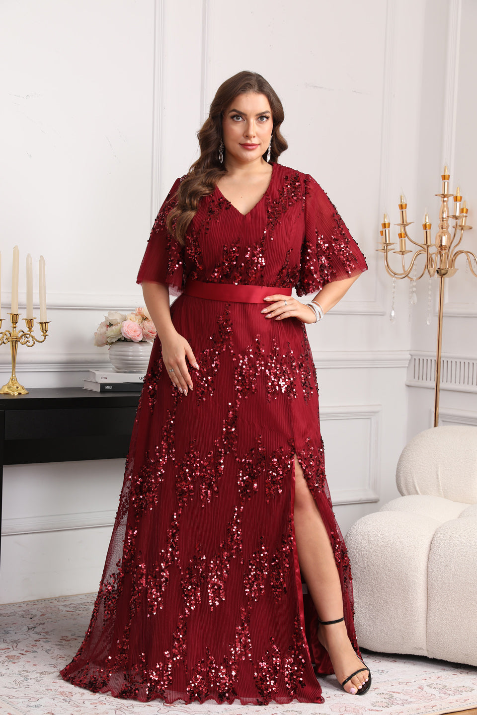 Curve-Friendly Sequined A-Line Plus Size Evening Dress SF626