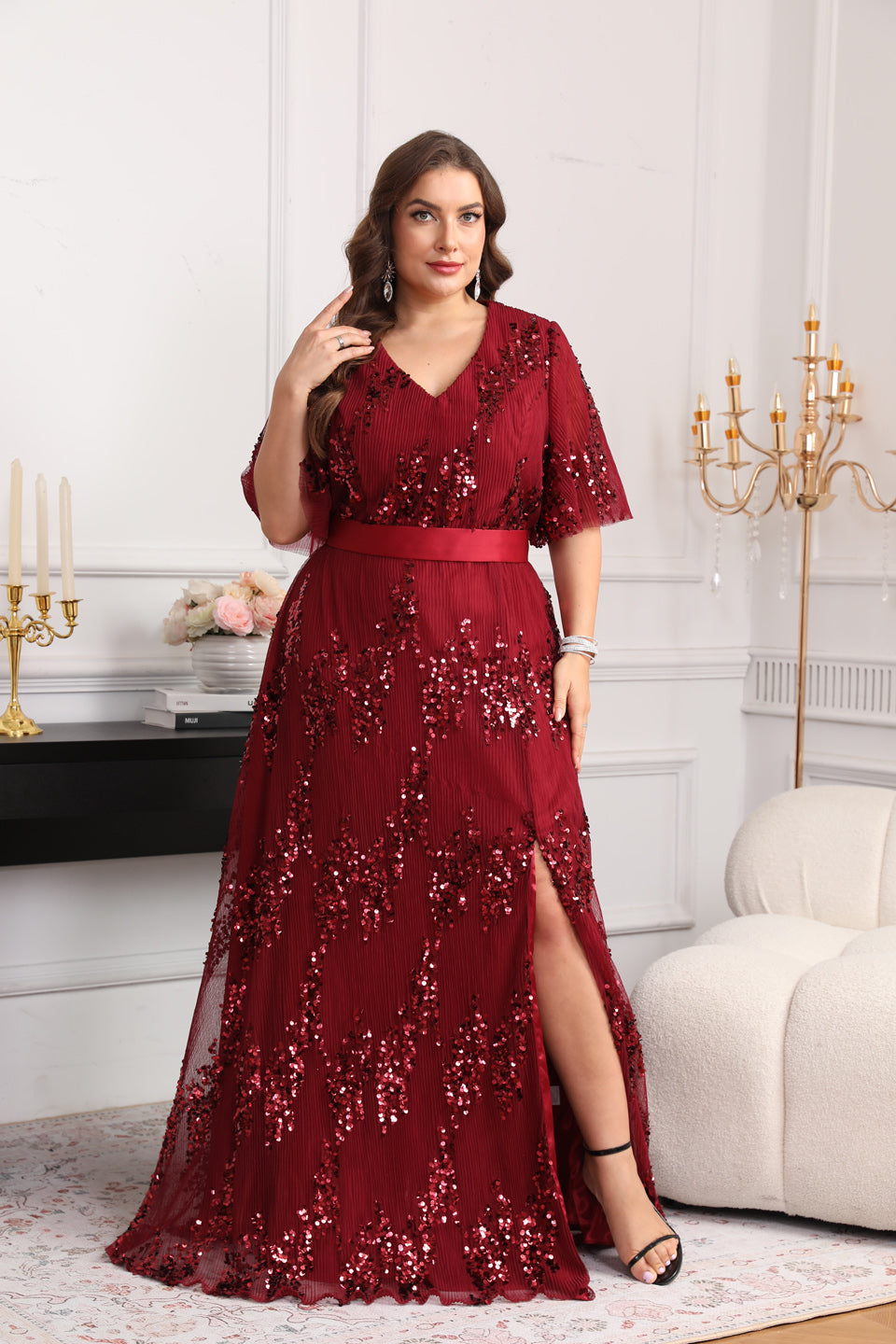 Curve-Friendly Sequined A-Line Plus Size Evening Dress SF626