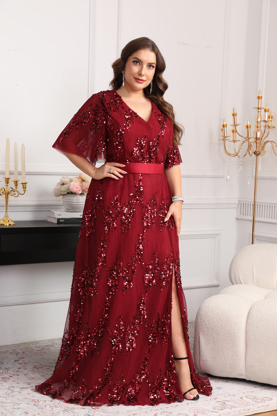 Curve-Friendly Sequined A-Line Plus Size Evening Dress SF626