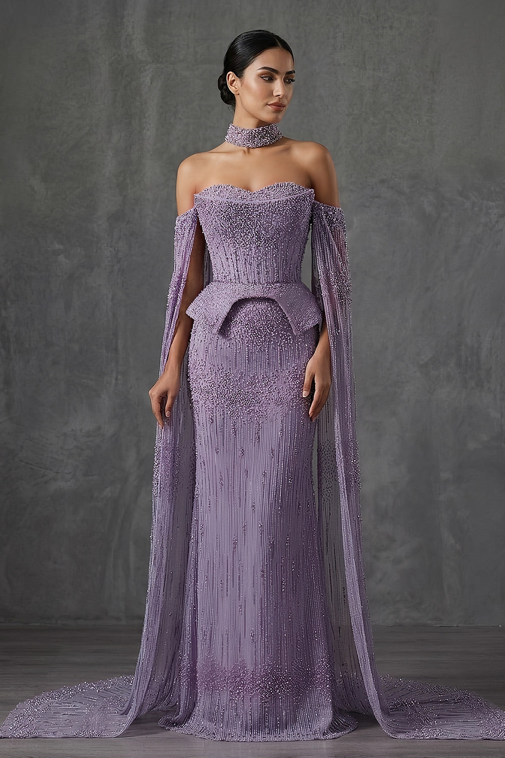 Gold Beaded Off-the-Shoulder Peplum Mermaid Evening Gown with Cape Sleeves & Choker SS558 Sheer Fairy