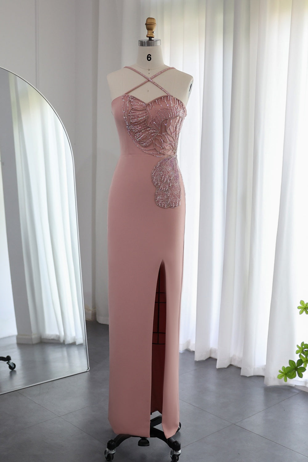 Luxury Pink Butterfly Beaded Evening Dress with Slit SS476 Sheer Fairy