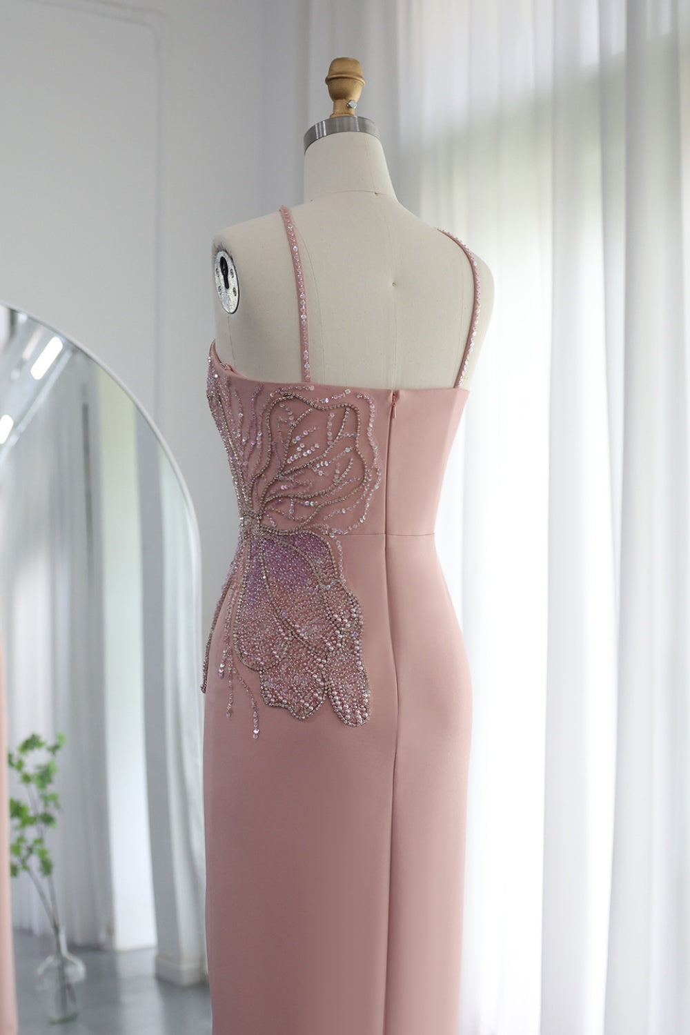 Luxury Pink Butterfly Beaded Evening Dress with Slit SS476 Sheer Fairy