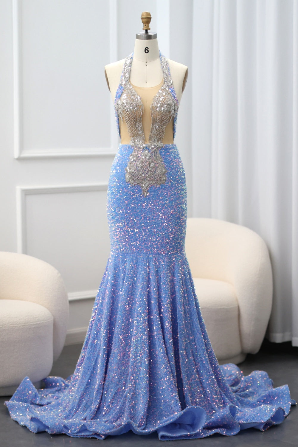 Vintage Light Blue Halter Neck Mermaid Prom Dress SH019 Sheer Fairy