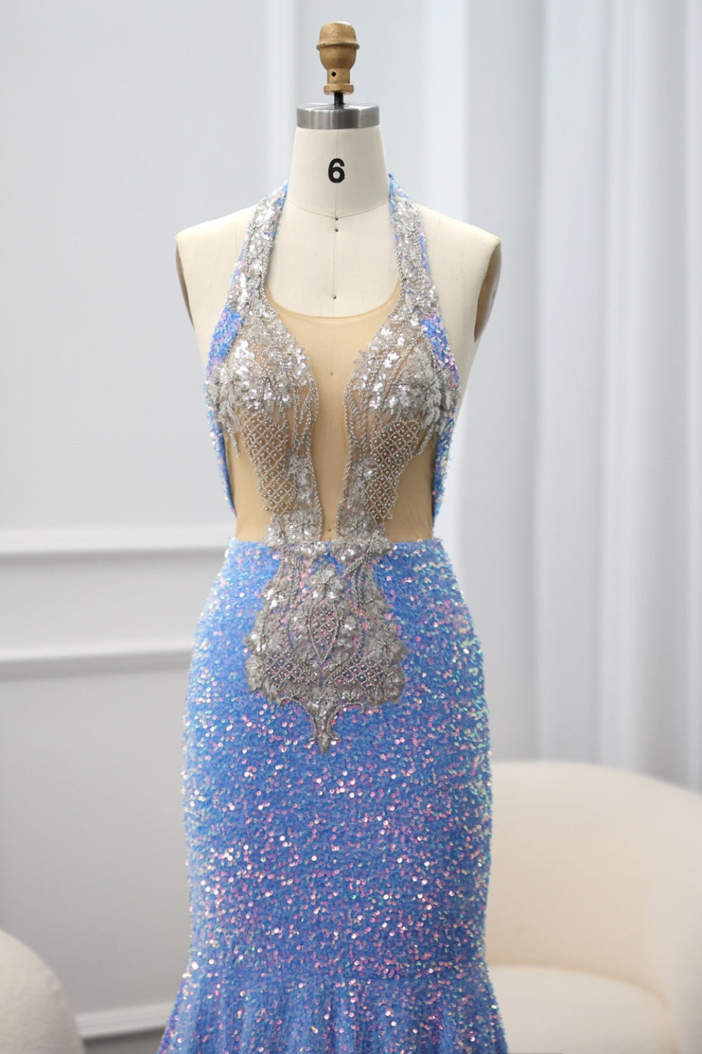 Vintage Light Blue Halter Neck Mermaid Prom Dress SH019 Sheer Fairy