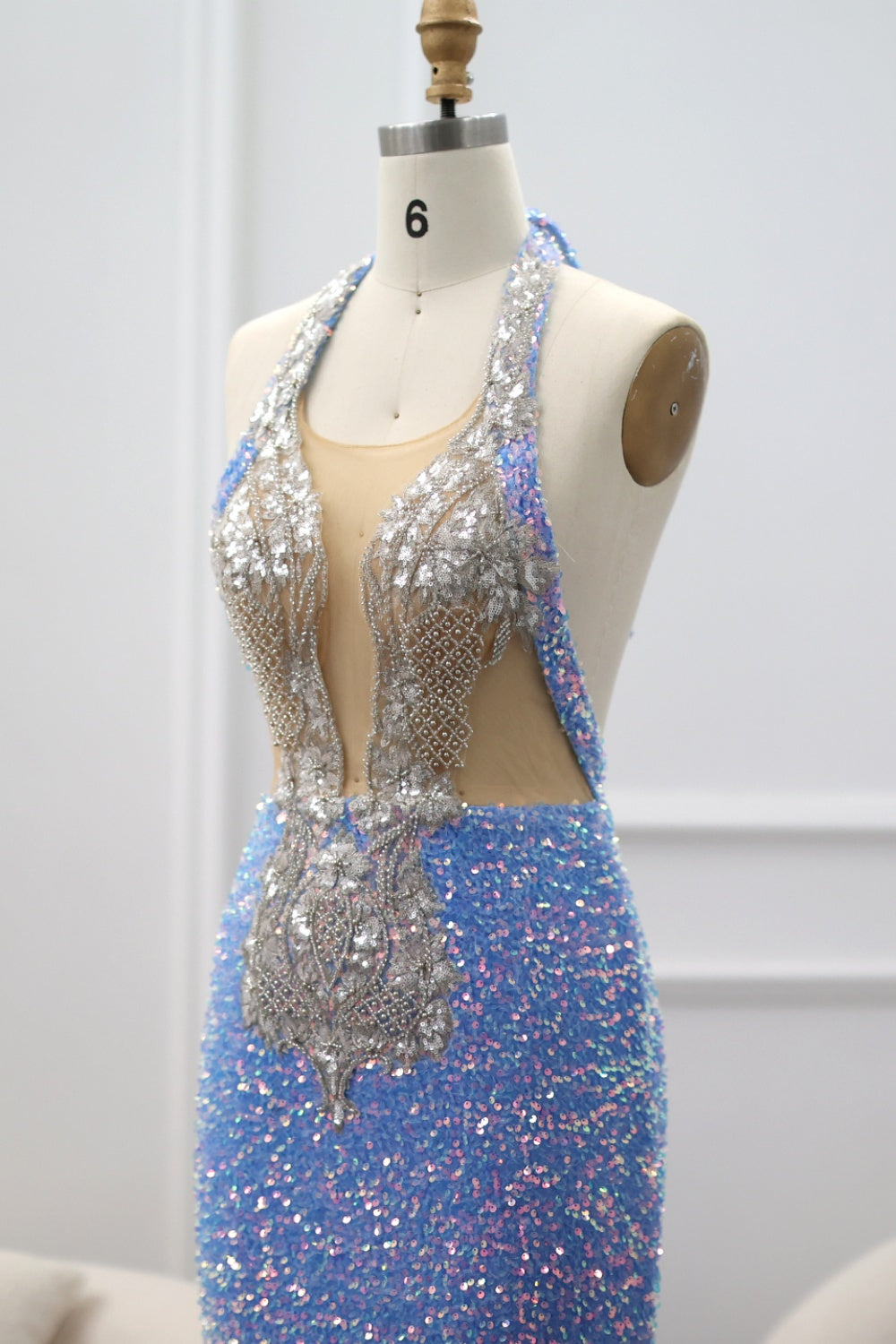 Vintage Light Blue Halter Neck Mermaid Prom Dress SH019 Sheer Fairy