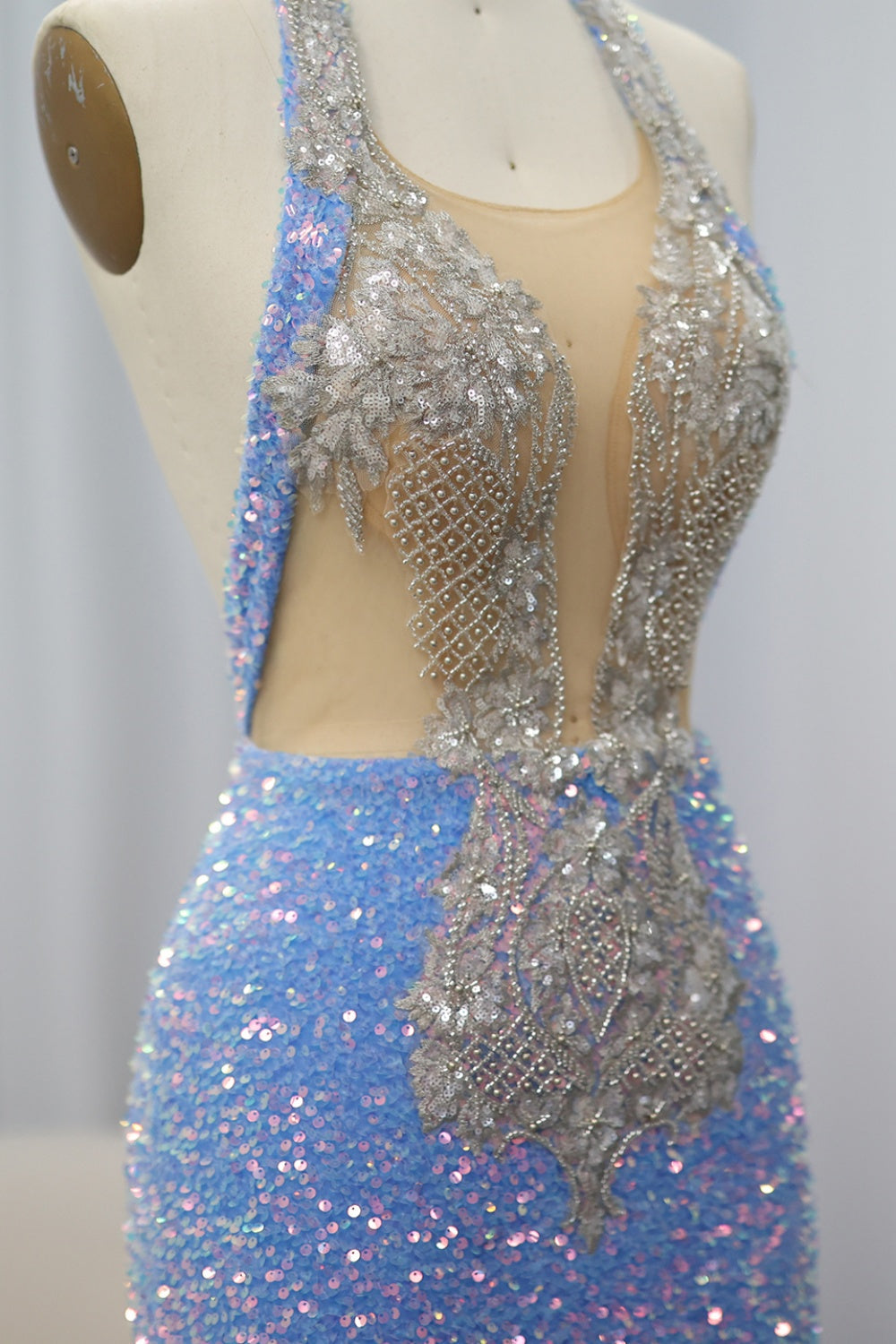 Vintage Light Blue Halter Neck Mermaid Prom Dress SH019 Sheer Fairy