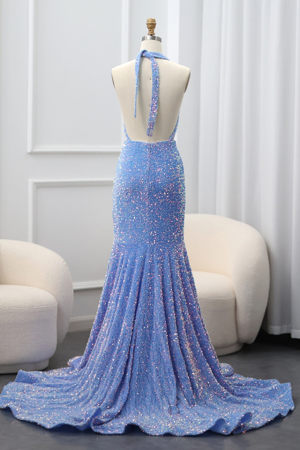 Vintage Light Blue Halter Neck Mermaid Prom Dress SH019 Sheer Fairy