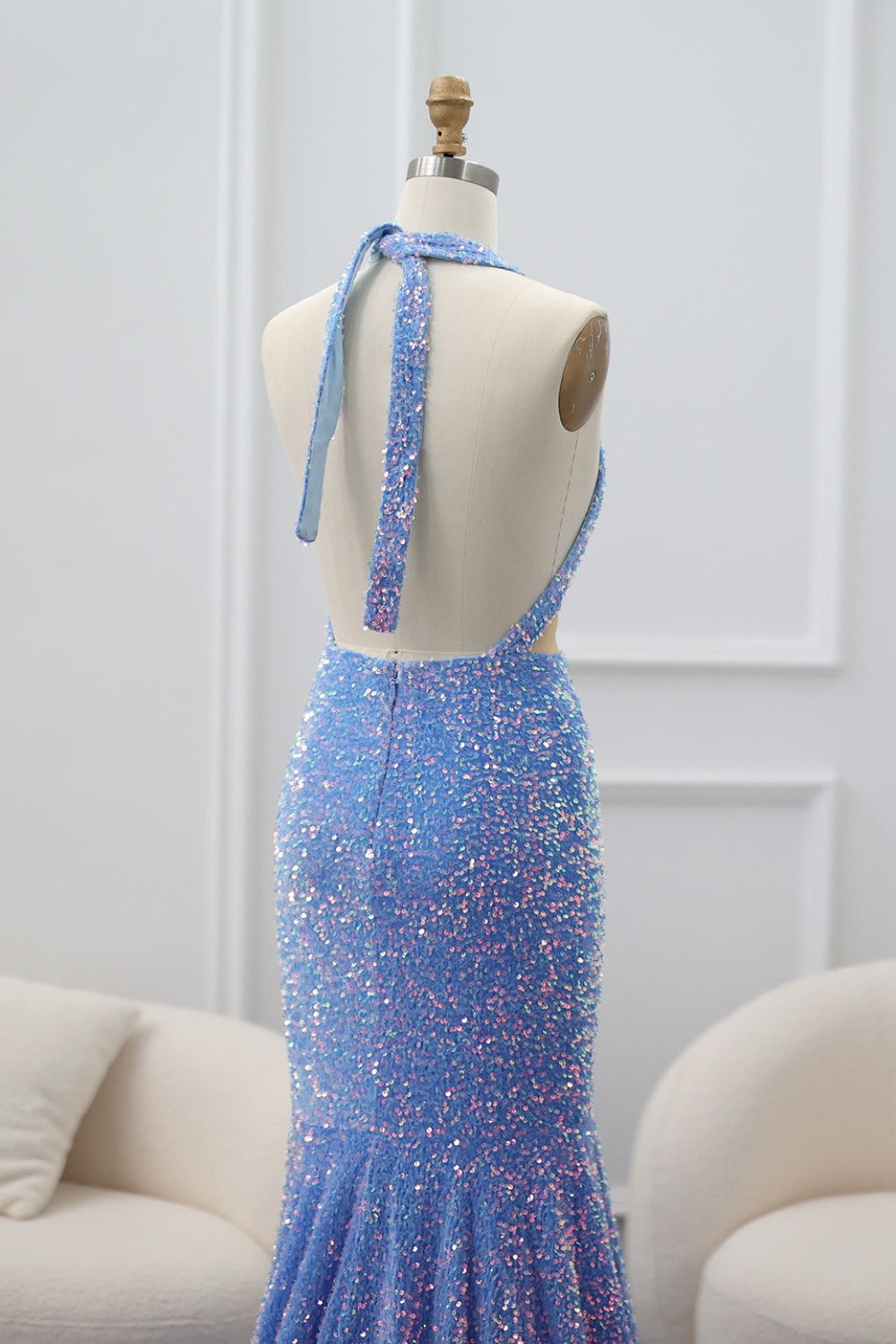 Vintage Light Blue Halter Neck Mermaid Prom Dress SH019 Sheer Fairy