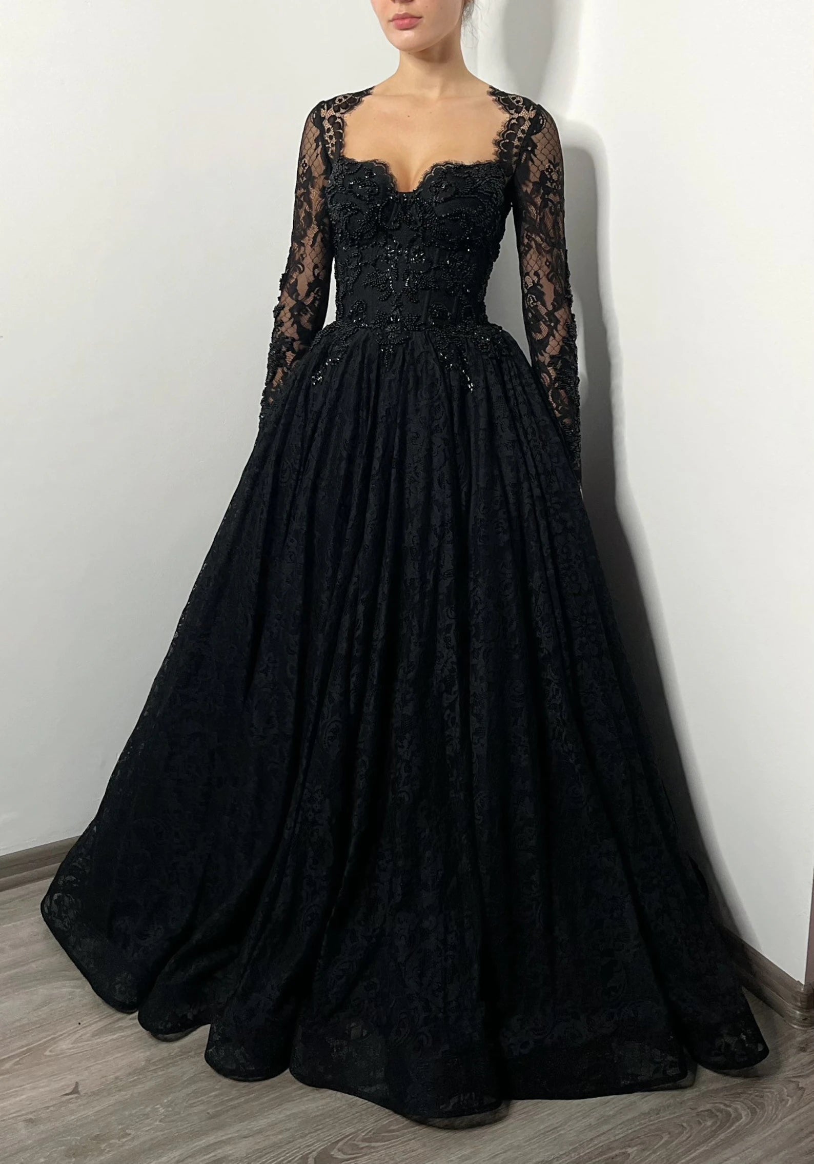 Black Gothic Off-Shoulder Lace Long Sleeves Wedding Dress SW557