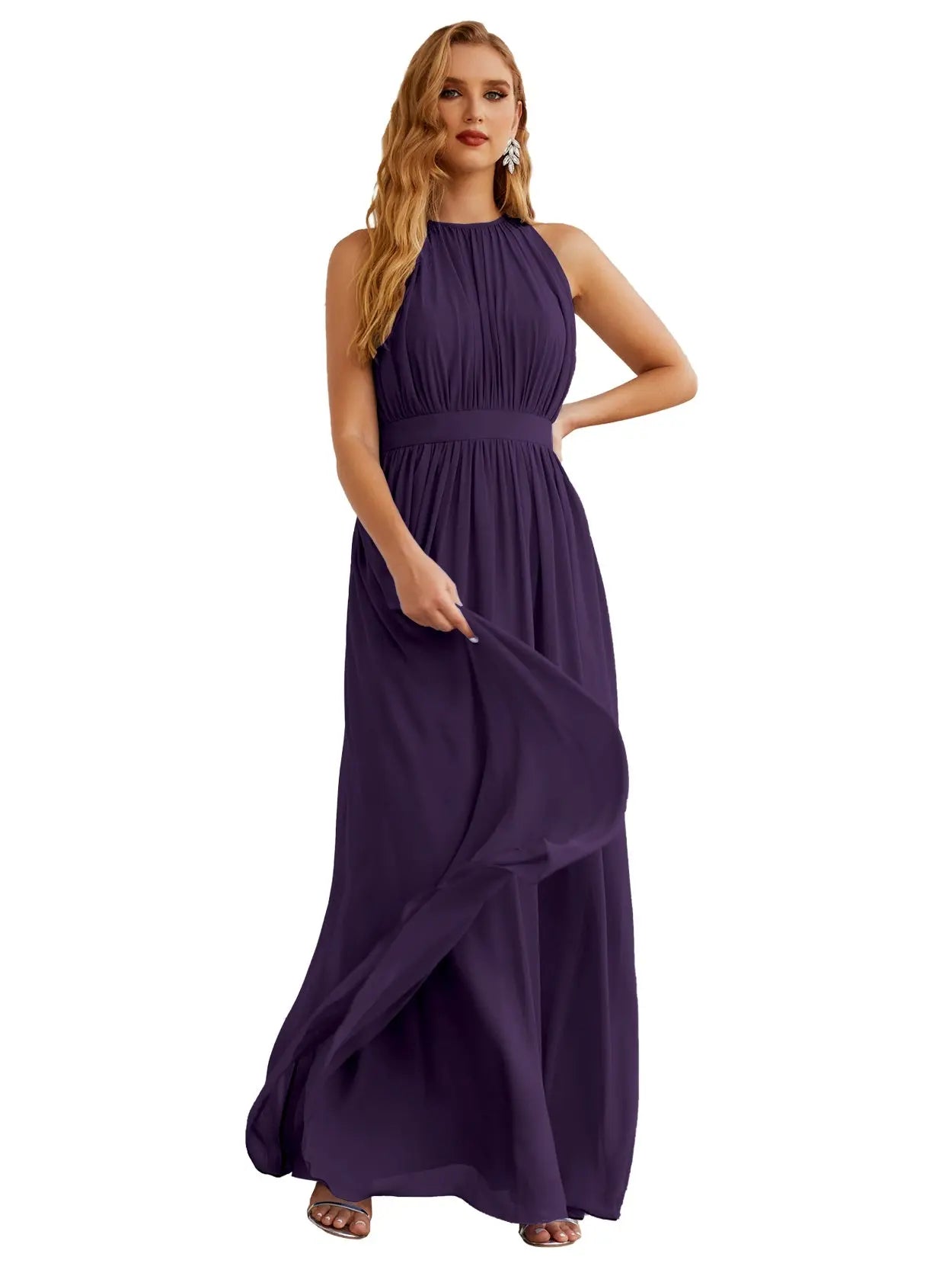 Elegant Dusty Blue High Neck Chiffon A-Line Bridesmaid Dress BS017 Sheer Fairy