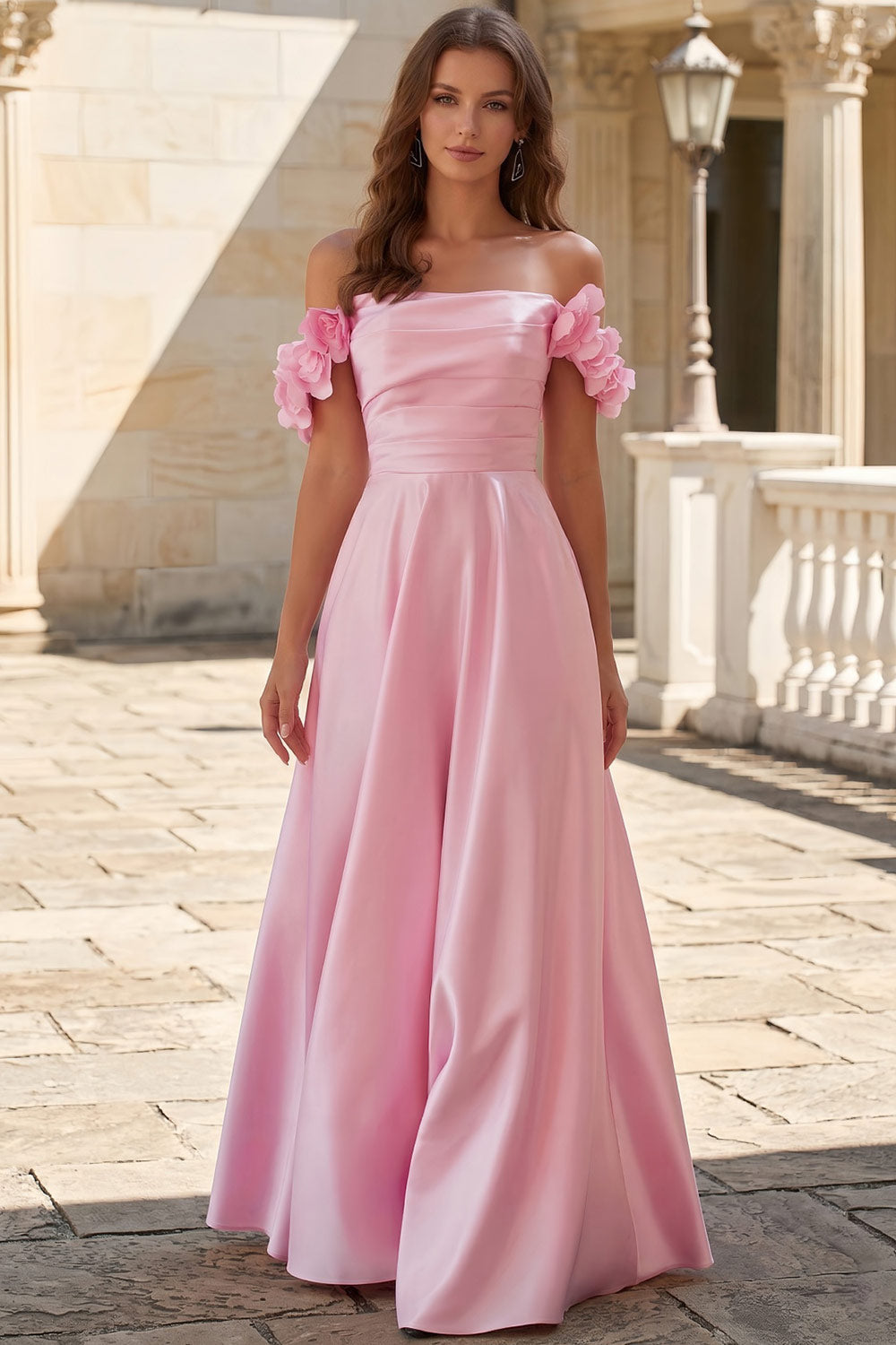 Off-the-Shoulder Pink Satin Prom Dress with 3D Floral Appliques SH702 Sheer Fairy