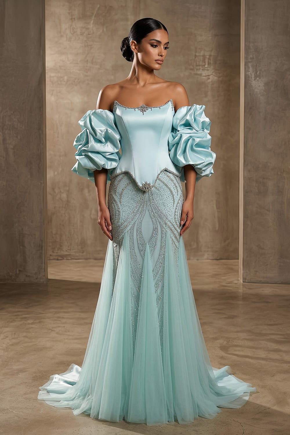 Luxury Aqua Off-the-Shoulder Mermaid Evening Gown with Ruffle Sleeves SS501 Sheer Fairy