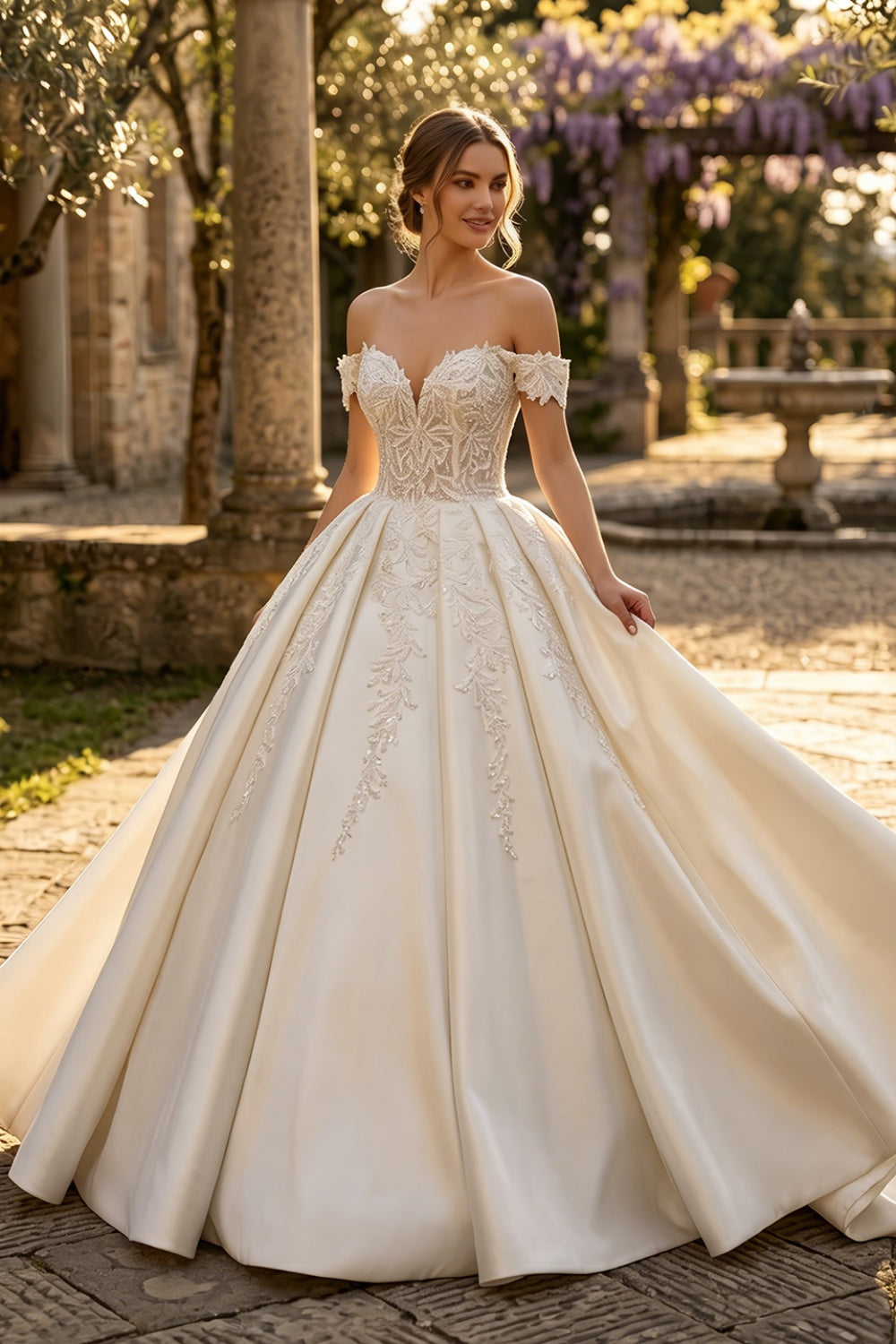 Off-the-Shoulder Satin Ball Gown Wedding Dress with Lace Appliques & Corset Back SW701 Sheer Fairy