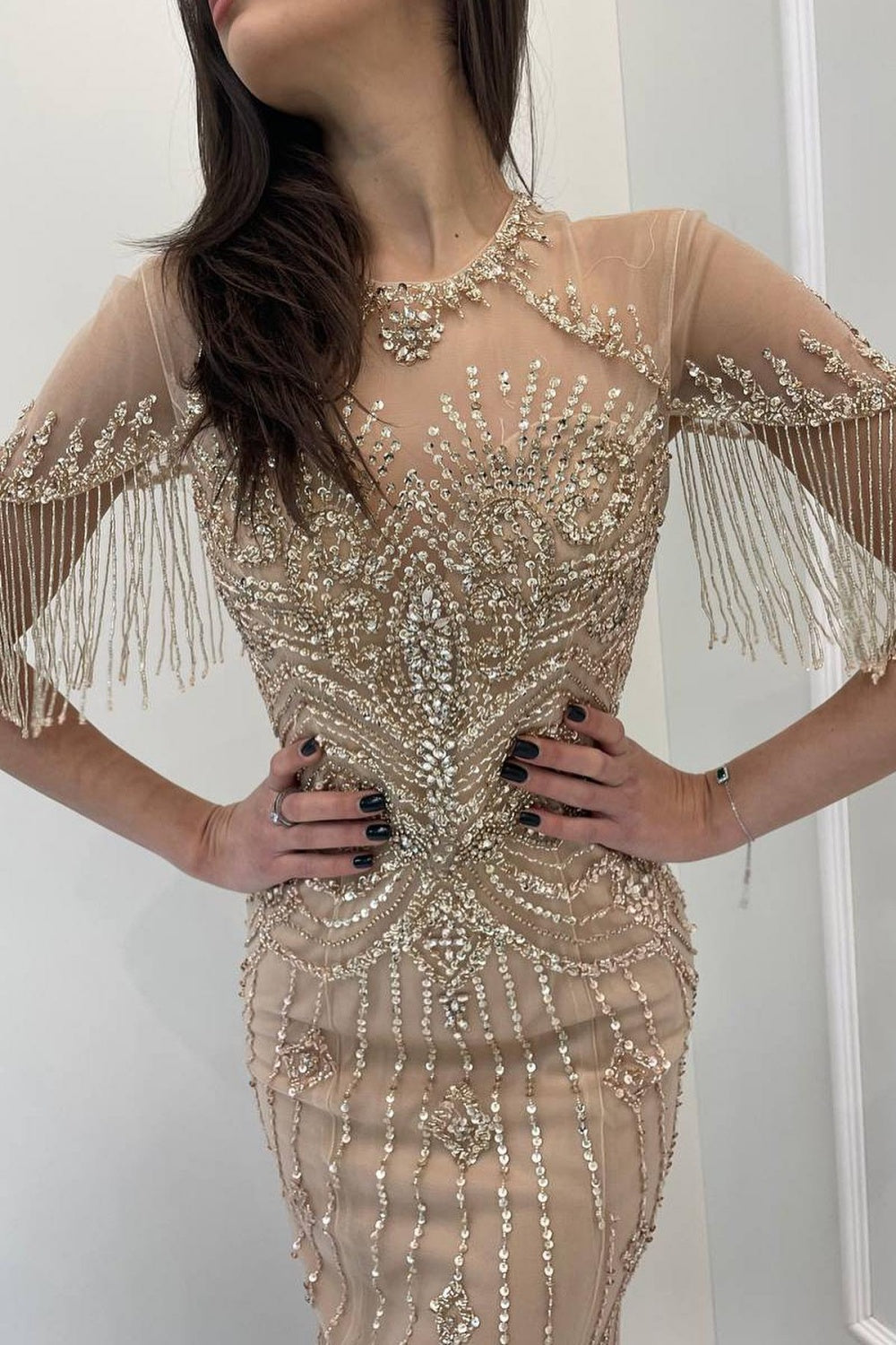 Luxury Champagne Tassel Mermaid Evening Dresses SS136 Sheer Fairy