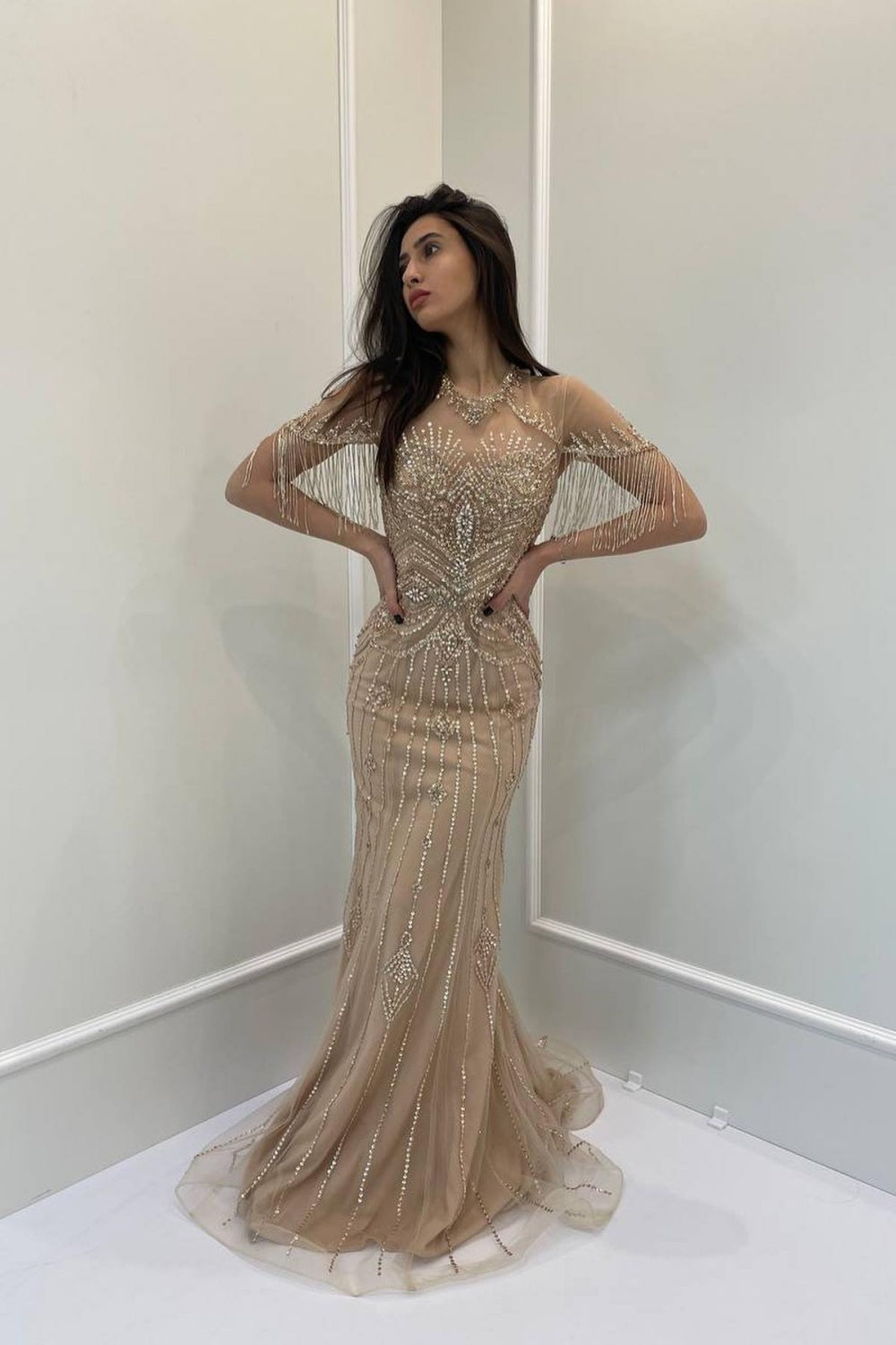 Luxury Champagne Tassel Mermaid Evening Dresses SS136 Sheer Fairy