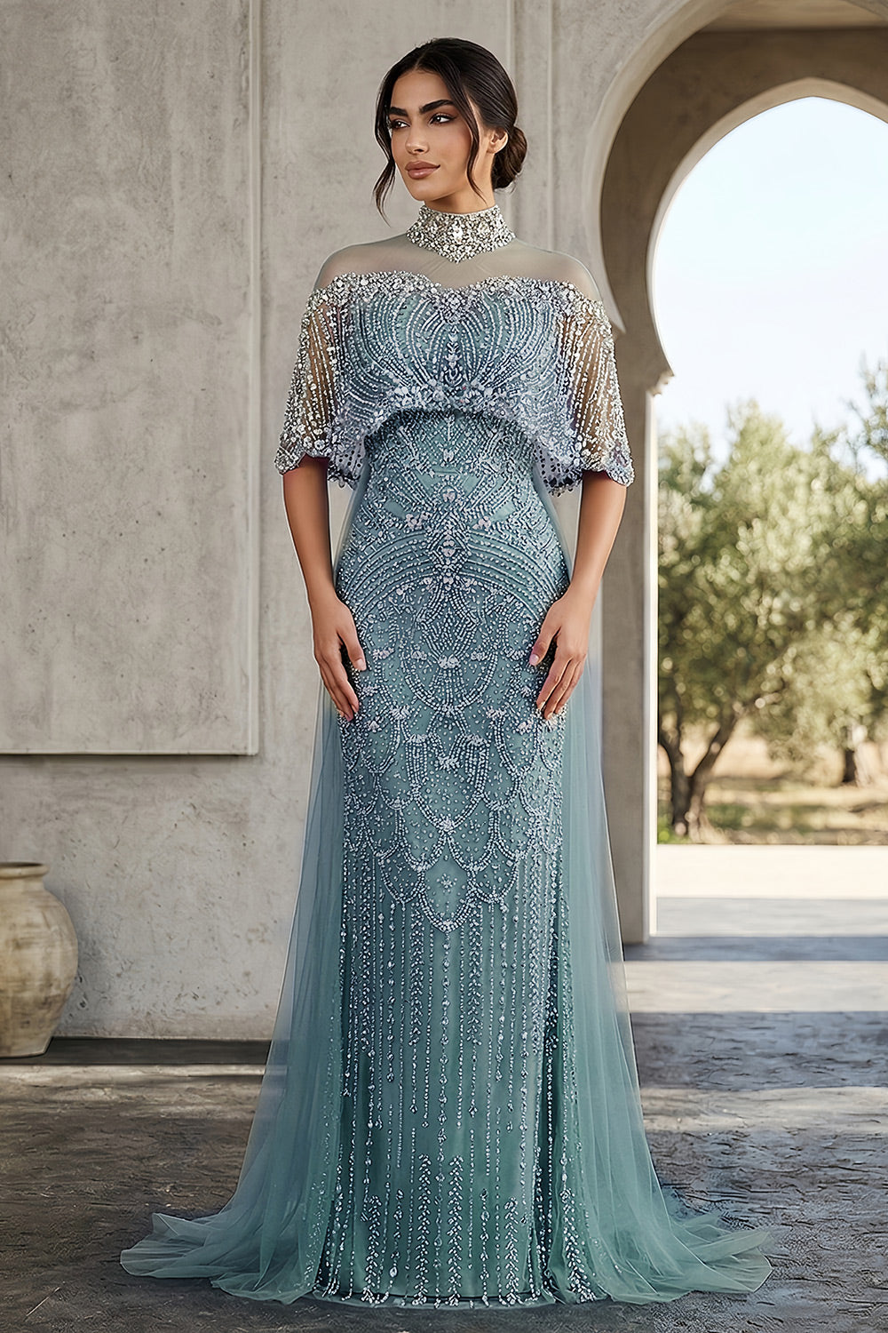 Luxury Champagne Beaded High Neck Cape Sleeve Mermaid Evening Gown SS557 Sheer Fairy