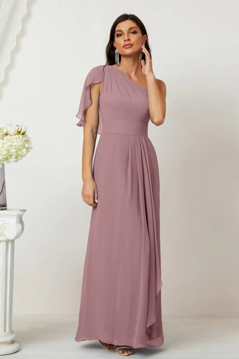 Dusty Blue One-Shoulder Chiffon A-Line Bridesmaid Dress BS028 Sheer Fairy