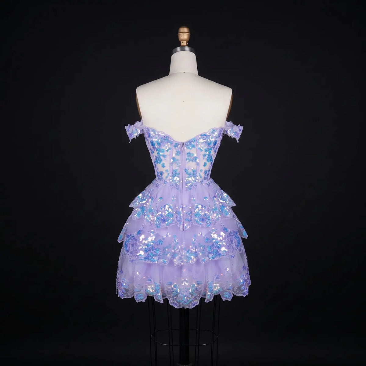 Champagne Sequin Tiered Ballgown Homecoming Dress RM156 Sheer Fairy