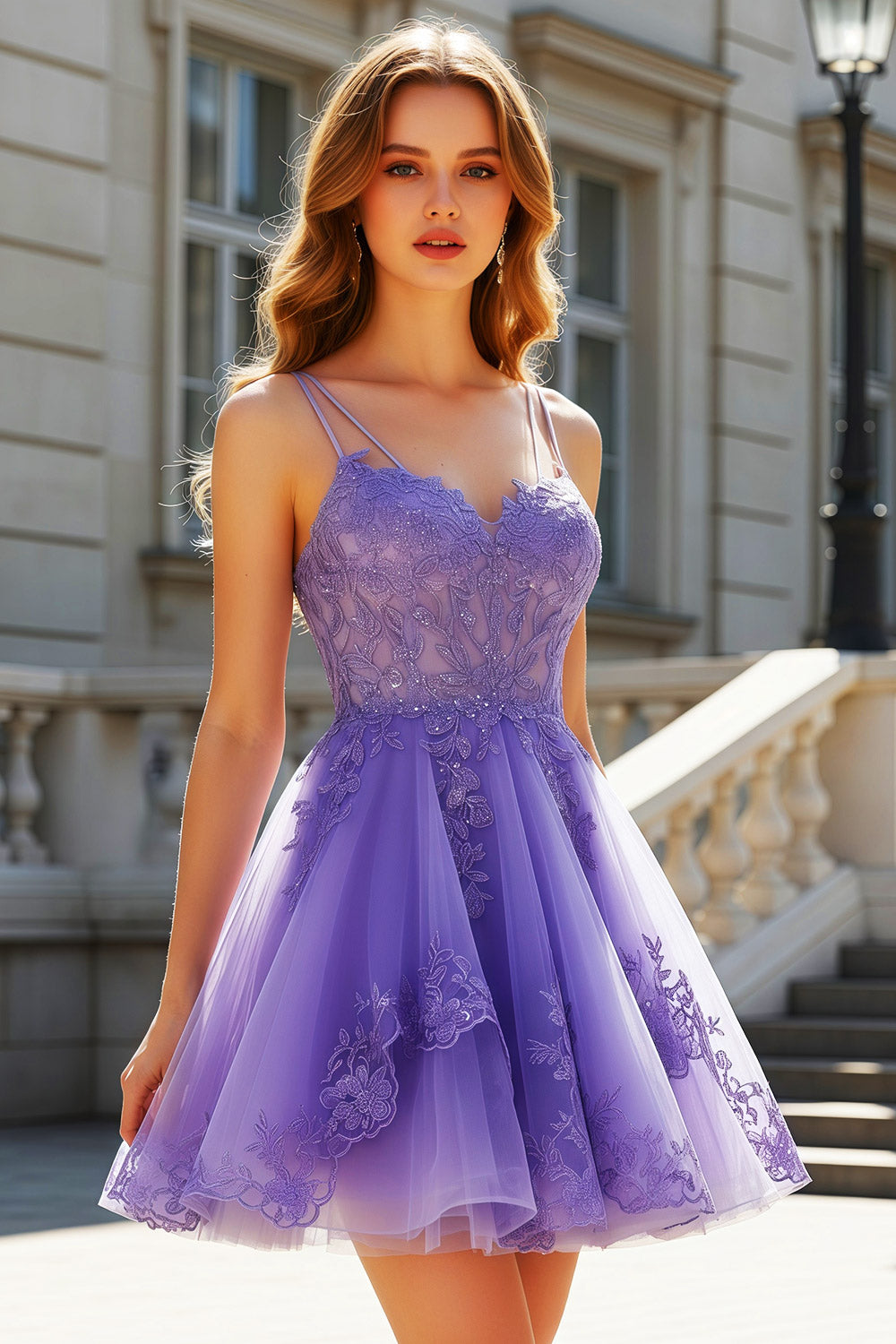 Lavender Lace Appliqué Tulle Homecoming Dress with Spaghetti Straps RM128 Sheer Fairy
