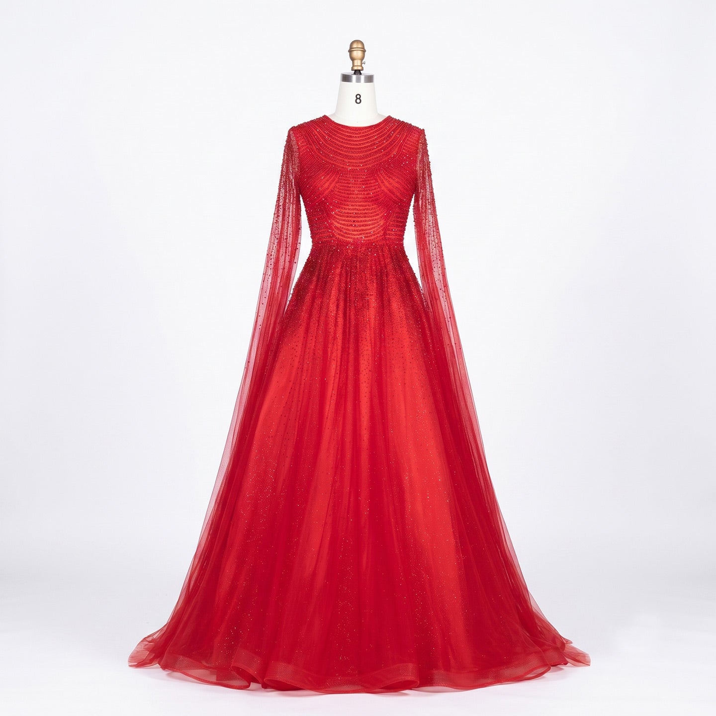 Sparkling Beaded A Line Evening Gown Long Cape Sleeves Glitzy Prom Dress SS059 Sheer Fairy