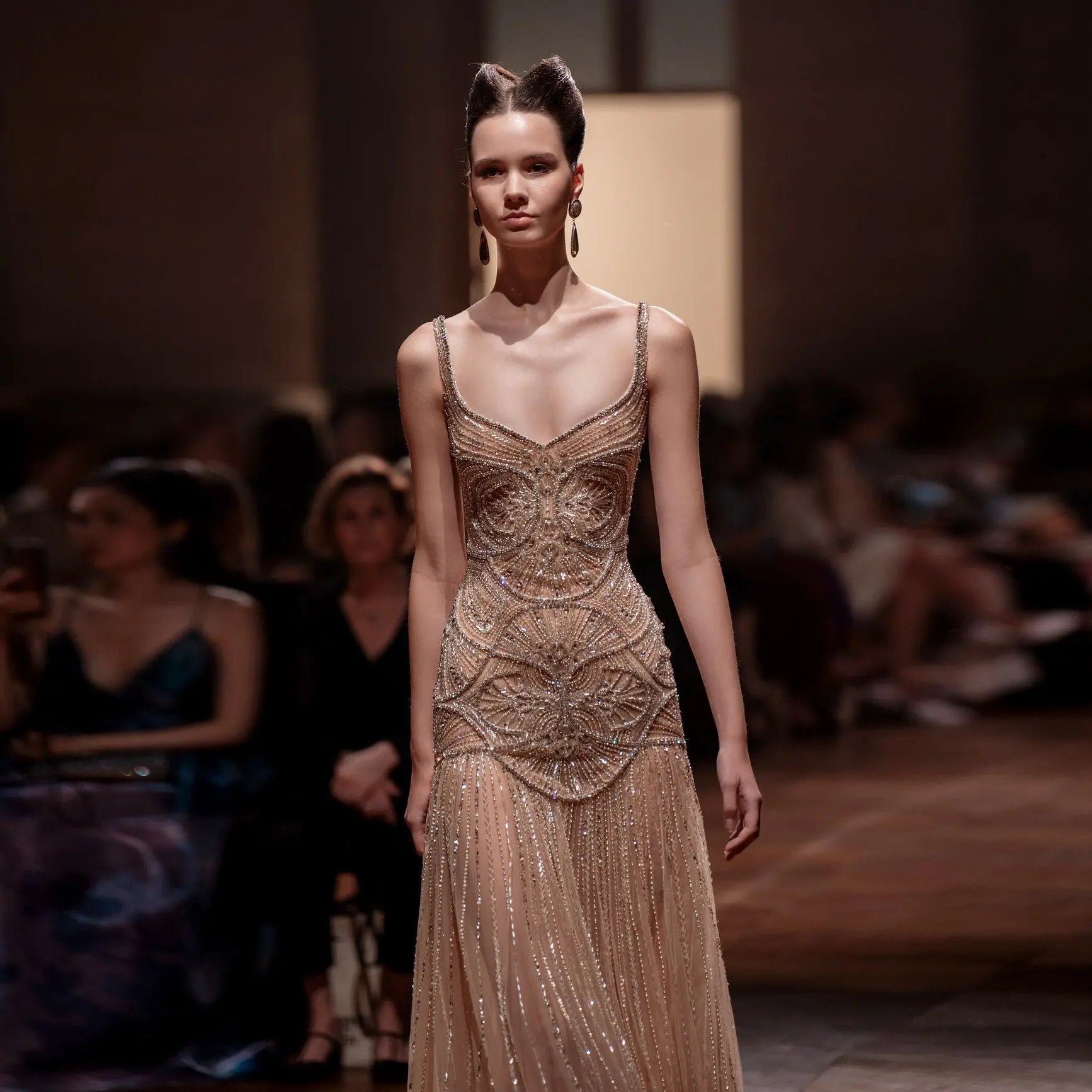 Champagne Luxury Beaded Tulle Floor Length Evening Dress SS552 Sheer Fairy